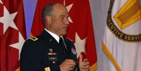 Maj. Gen. David Bassett, the Army’s PEO for command, control and communications-tactical, speaks at TechNet Augusta. Photo by Michael Carpenter