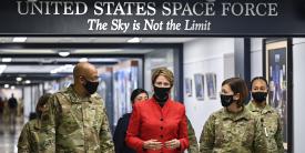 In this image from December 2020, former Secretary of the U.S. Air Force, Barbara Barrett, walks with Air Force Chief of Staff, Gen. Charles Brown, before a ceremony unveiling the newly decorated Space Force hallway at the Pentagon. Photo courtesy U.S. Air Force