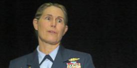 Vice Adm. Sandra Stosz, USCG, deputy commandant, Mission Support, U.S. Coast Guard, speaks at the AFCEA Homeland Security Conference.