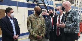 Another way specific joint warfighting roles and missions could be defined is through the Joint Requirements Oversight Council, says Air Force Chief Gen. Charles Brown (c). Gen. Brown recently visited Robins Air Force Base, Georgia, with David Foskey (r), 573rd Manufacturing Squadron director and Georgia Congressman Austin Scott (l) for an update on the base’s propeller overhaul for the C-130, a key aircraft for joint warfighting. Credit: U.S. Air Force photo by Tommie Horton