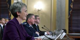 Heather Wilson, secretary of the Air Force; Gen. David L. Goldfein, USAF, Air Force chief of staff; and John H. Pendleton, director, defense capabilities and management, U.S. Government Accountability Office, speak about Air Force Readiness to the Senate Armed Services Committee. They discussed topics such as closing the maintainer’s gap, training ranges and cost effectiveness in logistics. (Photo by Wayne Clark)
