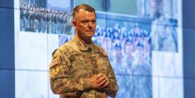 The U.S. Army Training and Doctrine Command’s commanding general, Gen. Paul E. Funk , USA, speaks to soldiers at Ft. Benning, Georgia in September. How the Army trains its soldiers, especially its leaders, has to change to meet the demands of multidomain operations, he says. Army photo by Patrick A. Albright.