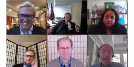 (Clockwise from upper left) Webinar moderator James FX Payne, James P. Craft, Asha M. George, Scott Charney, David Bray and Steve Shirley discuss the findings and recommendations of the AFCEA Cyber Committee's White Paper "COVID-19 Compels Better NSEP Planning."