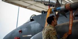 An airman from the Weapons Load Crew at Seymour Johnson Air Force Base, North Carolina, prepares for operations. The service is shifting how it projects air power in response to near-peer threats. Credit: Air Force photo