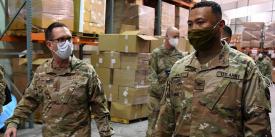 Gen. Joseph Lengyel (l), USAFG, chief of the National Guard Bureau, speaks with Col. Hall, USAG from the Louisiana National Guard during a 2020 tour of the state’s Public Safety warehouse supporting the COVID-19 response in Baton Rouge. The Space Force could have a guard component, but the Defense Department needs to complete a study on the viability. Credit: U.S. Air National Guard photo by Master Sgt. Toby Valadie