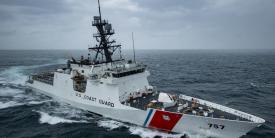 The newly commissioned National Security Cutter Midgett conducts sea trials on February 25. The U.S. Coast Guard needs to be more nimble in the Pacific region. Credit: U.S. Coast Guard Headquarters photo courtesy of Huntington Ingalls Industries