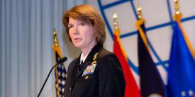 Vice Adm. Nancy Norton, USN, director, DISA, gives the luncheon keynote at the Defensive Cyber Operations Symposium in May. Photo credit: Michael Carpenter