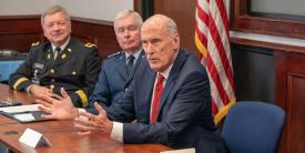 Director of National Intelligence Dan Coats discusses national security issues with other leaders during a visit to The Citadel in Charleston, South Carolina. The intelligence community is seeking advancing capabilities to help strengthen national security. Credit: Office of the Director of National Intelligence