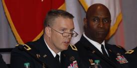 Brig. Gen. Christopher Eubank, USA, commandant, Army Signal School, speaks on a panel at AFCEA TechNet Augusta. Photo by Michael Carpenter