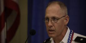 Brig. Gen. Paul Fredenburgh III, USA, J-6, Indo-Pacific Command, leads a panel discussion on combined cyber operations in the Indo-Pacific region. Credit: Bob Goodwin Photography