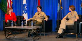 During a February 14 fireside chat at the West Conference, Lt. Gen. Lori Reynolds, USMC, deputy commandant for information, U.S. Marine Corps Headquarters (c), and Vice Adm. Nancy Norton, USN, director, DISA and commander of the Joint Forces Headquarters-Department of Defense Information Network (r), reflect on the challenges facing women in the military. DeEtte Gray, president of U.S. operations, CACI International and chairwoman of the AFCEA board, moderated the event. Credit: Michael Carpenter