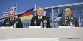 Last week, Canadian Forces Lt. Gen. Christian Juneau, deputy commander of the Allied Joint Force Command in Naples (l); Adm. James Foggo, USN, commander of the Allied Joint Force Command in Naples (c) ;and Lt. Gen. Rune Jakobsen, commander of the Norwegian Joint Headquarters in Bodo, Norway, outline plans for Trident Juncture, one of the largest joint defensive exercise that NATO has ever held.