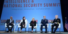 The plenary panel discussion on defense intelligence at the AFCEA/INSA Intelligence & National Security Summit features (l-r) moderator Lt. Gen. Vincent R. Stewart, USMC (Ret.); Kari Bingen, undersecretary of defense for intelligence, U.S. Defense Department; Suzanne White, deputy director, DIA; Maj. Gen. Jeffrey Kruse, USAF, director of defense intelligence (warfighter support); and Rear Adm. Frank “Trey” Whitworth, USN, J-2, The Joint Staff. Credit: Herman Farrer Photography