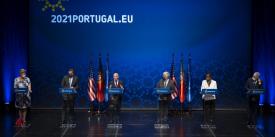 Homeland Security Secretary Alejandro Mayorkas (c), speaking to European Union counterparts in Portugal on June 21 during the U.S.-E.U. Ministerial Meeting of Justice and Home Affairs, has announced that the Department of Homeland Security and the EU will form a working group to examine ransomware attacks. Credit: DHS