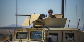 A U.S. Army soldier provides security during the Advanced Battle Management System (ABMS) exercise at Nellis Air Force Base, Nevada, Sept. 3, 2020. Staged at multiple military sites, ABMS simulated an attack on the national infrastructure testing the U.S. Department of Defense’s Joint All Domain Command and Control (JADC2) which allowed for a fast-coordinated response. U.S. Air Force photo by Airman 1st Class Dwane R. Young