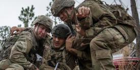 Soldiers from the Army’s 6th Ranger Training Battalion help a simulated wounded victim during a mass casualty exercise February 5 at Eglin Air Force Base, Florida. The service’s Fiscal Year 2021 Budget request seeks to support increased soldier lethality, readiness and modernization of capabilities. U.S. Air Force photo/Samuel King Jr.