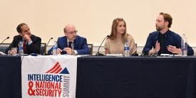 Panelists at the AFCEA/INSA Intelligence & National Security Summit discussing the hard truth about disinformation are (l-r) Sujit Raman, associate deputy attorney general, U.S. Department of Justice; Daniel Kimmage, principal deputy coordinator, Global Engagement Center, State Department; Suzanne Kelly, CEO, The Cipher Brief; and Brett Horvath, president, Guardians.ai. Credit: Herman Farrer Photography