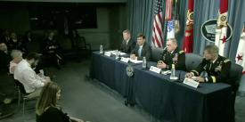 From left, Army Undersecretary Ryan D. McCarthy, Army Secretary Mark Esper, Army Chief of Staff Gen. Mark A. Milley and Army Vice Chief of Staff Gen. James McConville hold a briefing about the Army’s new Futures Command on July 13 at the Pentagon.