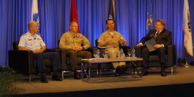 Leaders for all three maritime services—the Navy, Marines and Coast Guard—participate in a town hall forum at West 2019. Photo by Michael Carpenter