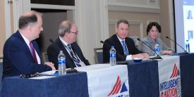 Panelists discussing the effect of influence operations on the United States are (l-r) panel moderator Shane Harris of The Washington Post; Ronald Waltzman, The Rand Corporation; Joe Morosco, ODNI; and Fran Moore, Financial Systemic Analysis and Resilience Center. Photography by Herman Farrer