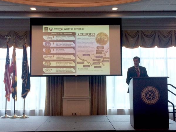 Patrick O'Neill, director of the U.S. Army Communications-Electronics Research, Development and Engineering Center (CERDEC), discusses the organization's core capabilities at the chapter's September luncheon.