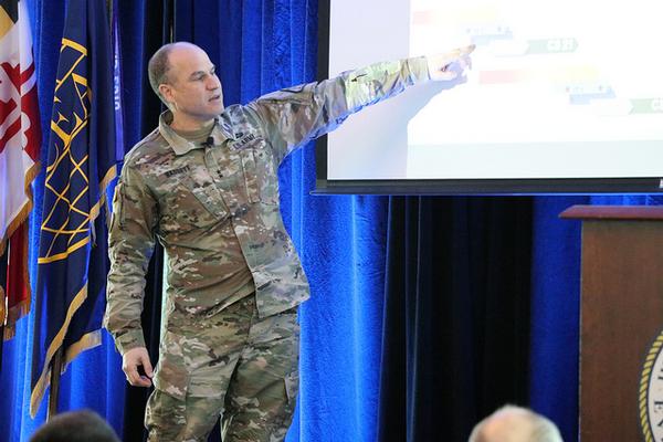 Maj. Gen. Dave Bassett, USA, program executive officer (PEO) for Command, Control, and Communications-Tactical (C3T), presents a series of simplified capabilities sets at the chapter's January government forum.