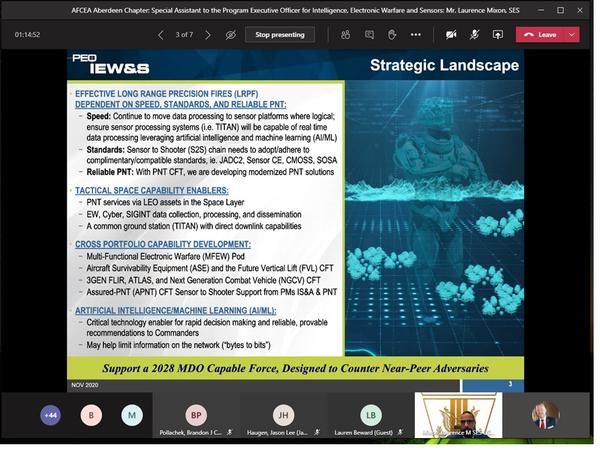 In November, Laurence Mixon, special assistant to the Program Executive Office for Intelligence, Electronic Warfare and Sensors (PEO IEW&S) at Aberdeen Proving Ground, Maryland, presents at the virtual event. 