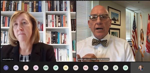 At the April leadership forum, John Willison, deputy to the commanding general, Combat Capabilities Development Command, and Nancy Kreidler, director, Cybersecurity and Information Assurance, Army CIO/G-6, share leadership experiences with the forum.
