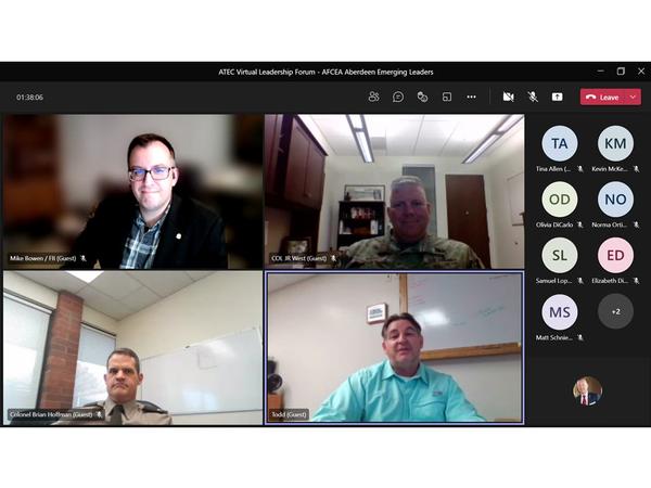 In November at the virtual Teams event, Todd Hudson, director of Technology and Investments at Yuma Proving Ground, Arizona (bottom r), addresses a question from moderator Mike Bowen (top l).