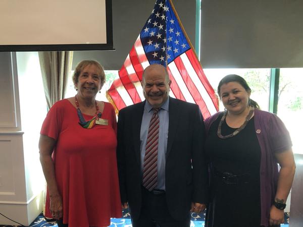 In August, (l-r) Mary Jernigan, civilian aide to the secretary of the Army; Ralph Troisio, deputy assistant director for Aviation and Electronic Warfare Systems under the U.S. Army DEVCOM C5ISR Center Research and Technology Integration Directorate; and Lauren Beward, chapter president, pose for a photo at the August event.