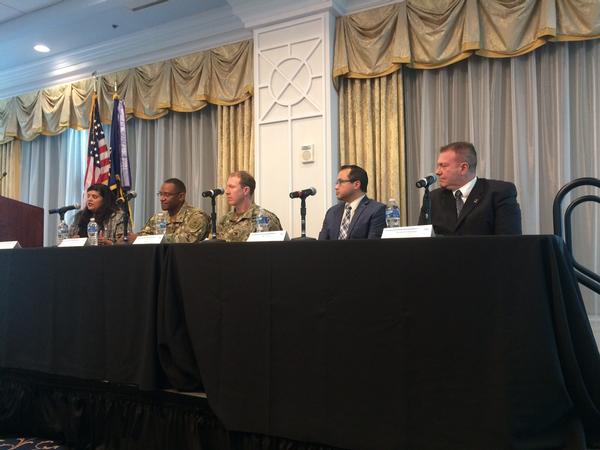 Panelists (l-r) Portia Crowe, chief of cyber engineering, Program Executive Office Command Control Communications–Tactical (PEO C3T); Col. Fred Dixon, USA, chief of the strategy and policy division, Headquarters Department of the Army G-3/5/7; Col. Gary Brock, USA, chief of the future Defensive Cyberspace Operations; Bill Taylor, chief, Cyber Offensive Operations Division, U.S. Army Intelligence and Information Warfare Directorate; and Scott Christensen, information assurance manager, Cyber Security Information Assurance, Space and Terrestrial Directorate, Command, Control, Communications, Computers, Cyber, Intelligence, Surveillance and Reconnaissance (C5ISR) Center, emphasize the importance of cyber within the Army's new programs of record at the Fourth Annual C4ISR Cyber Panel in March.