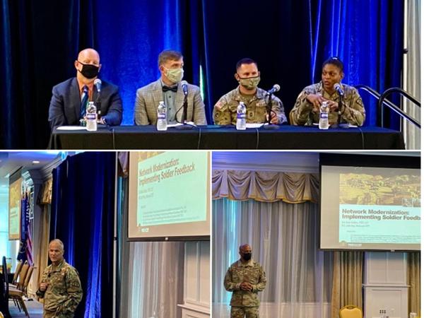 Brig. Gen. (P) Rob Collins, USA, program executive officer, Command, Control, Communications Tactical (bottom l), and Brig. Gen. Jeth Rey, USA, director, Network Cross Functional Team, along with a technical panel comprised of (top l-r) Brent Smith, deputy product manager, Tactical Cyber and Network Operations; Justin Seehusen, assistant product manager, Tactical Mission Command; and Master Sgt. Nathan Hunsaker, USA, noncommissioned officer in charge for the Network Cross-Functional Team, and Lt. Col. Natashia Coleman, USA, product lead, Unified Network Capabilities and Integration, share candid insights from Soldiers on Capability Set 21 fieldings over the past six months.