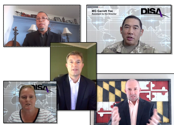 In October, the chapter hosts a DISA panel moderated by Maj. Gen. Garrett Yee, USA, assistant to the director (upper r); and including Carlen Capenos, director, Office of Small Business (lower l); Chris Paczkowski, senior technologist, Executive, Infrastructure, Directorate (c); Llewelyn "Don" Means Jr., executive, Nation Leadership Command Capabilities (upper l); and Steve Wallace, systems innovation scientist, Emerging Technology Directorate (lower r). 