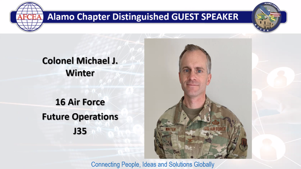 Col. Michael Winter, USAF, chief, Future Operations (J-35), 16th Air Force, discusses information warfare and convergence during the chapter's February luncheon. The event was held on the Zoom virtual platform and was followed by a virtual networking hour.