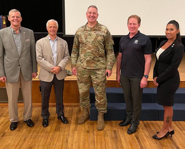 "There's nothing like in-person," is the resounding message during the chapter's first in-person luncheon at the Randolph Air Force Base Parr Club. Gen. Lyman poses for a photo with a few of the chapter's board of directors. (l-r) Lipsey; Rob Licciardi, chapter vice president of programs; Jason Hall, chapter vice president of corporate affairs; and Szu-Moy Toves, chapter vice president of publicity.