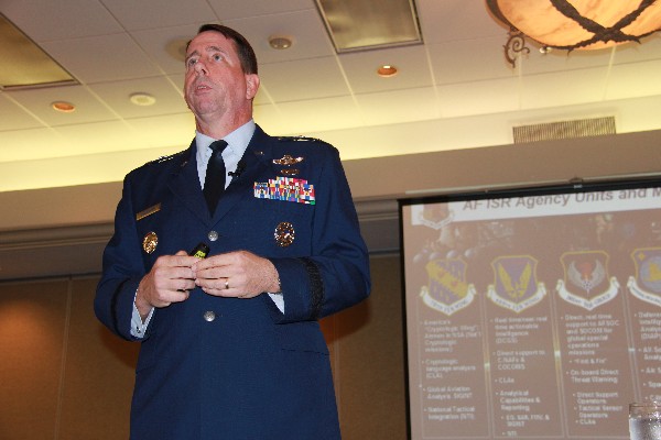 Maj. Gen. Jack Shanahan, USAF, commander, Air Force Intelligence, Surveillance and Reconnaissance Agency, addresses the chapter in February.