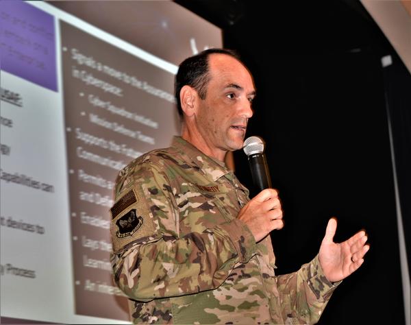 Maj. Gen. Kevin Kennedy, USAF, assistant deputy chief information officer, Digital Transformation, and assistant deputy chief of staff for Cyber Effects Operations, Headquarters U.S. Air Force, Arlington, Virginia, discusses how Enterprise capabilities can enable core missions during the chapter's June monthly luncheon. 