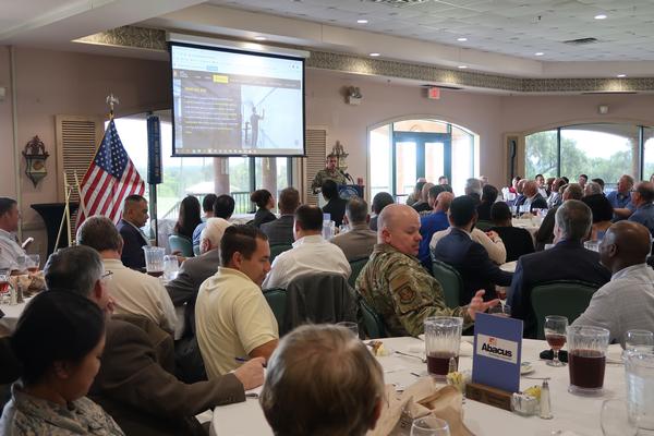 Col. Wade Johnston, USA, chief information officer, Army Futures Command, explains the challenges facing the Army today to members and attendees of the chapter's July luncheon.