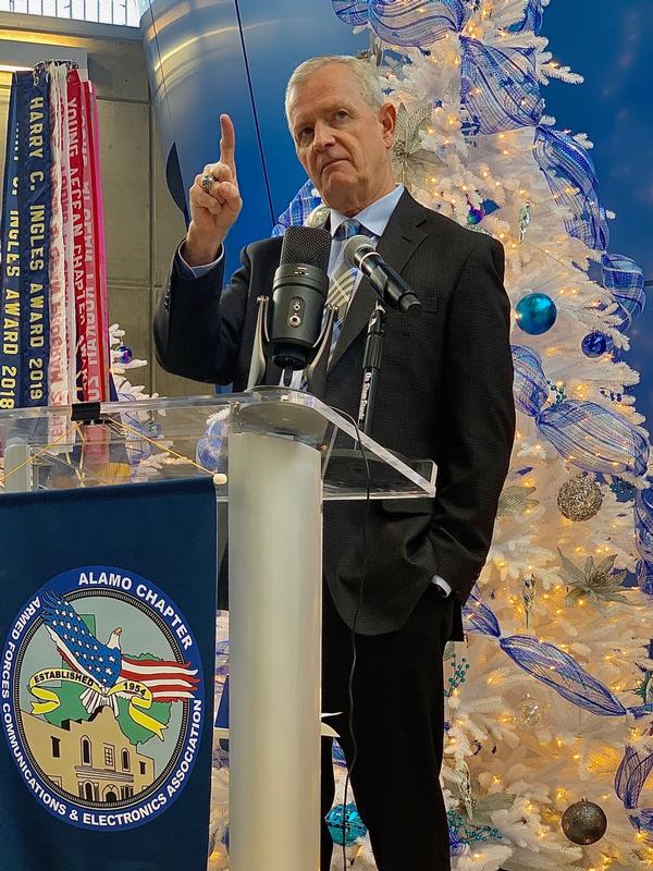 Brig. Gen. Guy Walsh, ANG (Ret.), founding executive director, National Security Collaboration Center, University of Texas at San Antonio, discusses the ecosystem of the center and its strategic partners during the chapter's December luncheon.