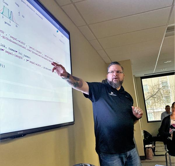 Stephen Scarbrough, senior SIGINT development analyst, Intelligenesis LLC, leads a two-day data science class to chapter members. The January classes were the first of the Lunch-N-Learn initiatives reactivated in 2019.  