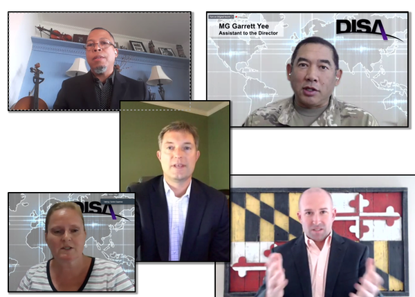 In October, the chapter hosts a DISA panel moderated by Maj. Gen. Garrett Yee, USA, assistant to the director (upper r); and including Carlen Capenos, director, Office of Small Business (lower l); Chris Paczkowski, senior technologist, Executive, Infrastructure, Directorate (c); Llewelyn 