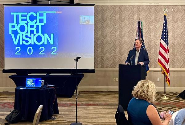 Jim Perschbach, president and CEO of Port San Antonio, speaks at the August event.