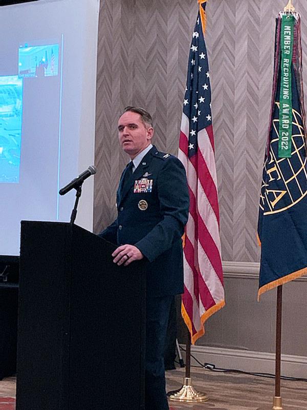 Col. Joshua Rockhill, USAF, director of operations, 16th Air Force, Air Forces Cyber, and Joint Force Headquarters-Cyber, Joint Base San Antonio, Texas, discusses cybersecurity defense during the chapter's September Luncheon.
