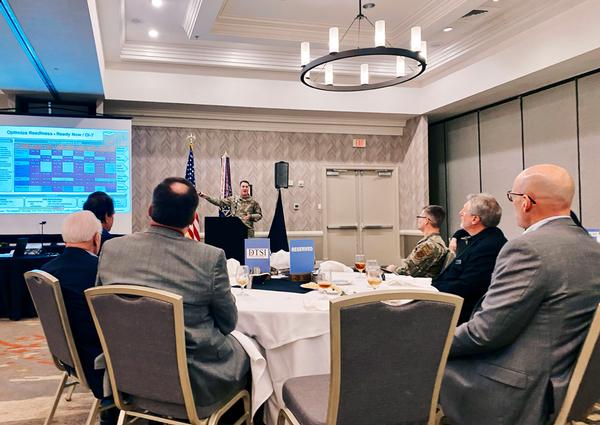 Col. Richard Erredge, USAF, commander of the 960th Cyberspace Wing (960 CW), Joint Base San Antonio, Chapman Annex, discusses the Air Force Reserve recruiting and retention initiatives during the chapter's February Luncheon.