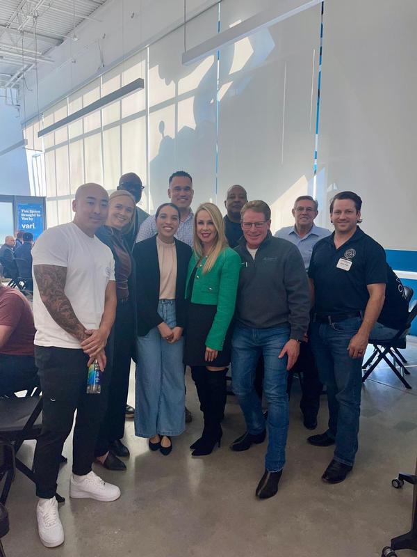 Volunteers take a moment to pose for a group photo during the first Government-Centric Speed Mentoring Event held at the Boeing Center at Tech Port, San Antonio, in January.