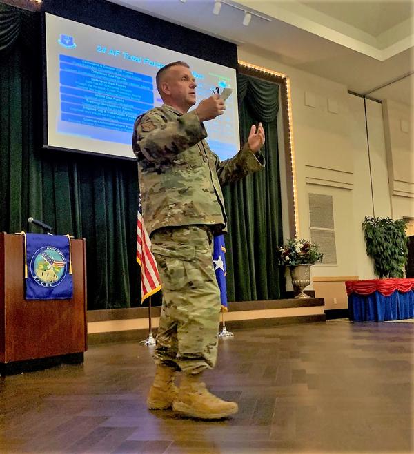 Guest speaker Gen. Lunderman explains to chapter members and attendees at the September event that the information warfare capabilities tied with today's technology will help bring real solutions.