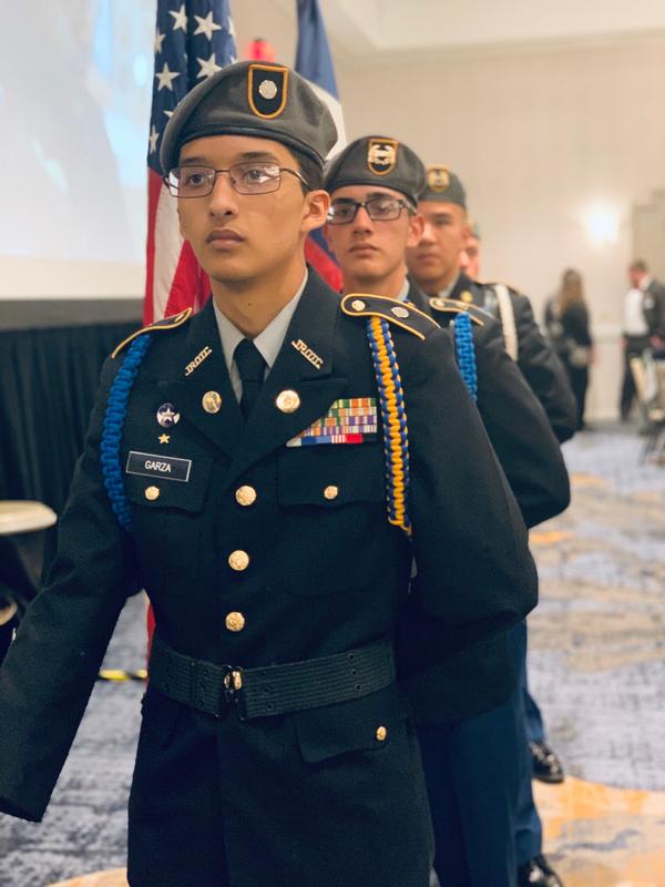 Junior ROTC students prepare to post the colors during the San Antonio Mayor's Cyber Cup in February's 10th anniversary of the event hosted by the CyberTexas Foundation.