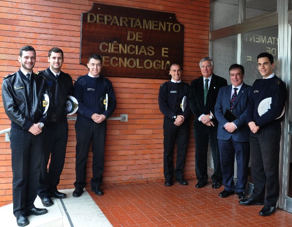 Members of the new student club in Portugal are (l-r) Chapter President Castro Fernandes; Second Vice President Sampaio Pereira; Valýrio Rodrigues; Fernandes Rodrigues; Rear Adm. Carlos Rodolfo, PRT NA (Ret.), regional vice president, Atlantic Region and chairman of the Portugal chapter; Faculty Advisor Professor Victor Lobo; and Secretary Rodolfo Carapau.