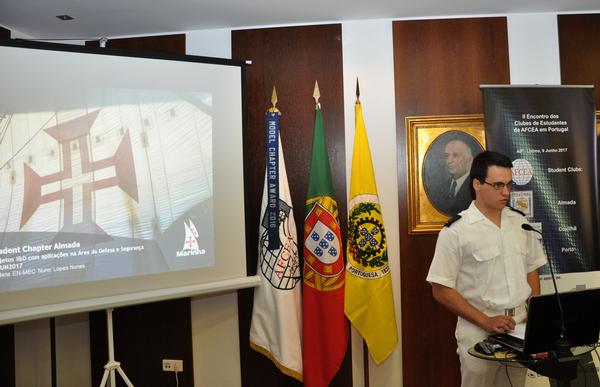 Cadet EN-MEC Nuno Lopes Nunes, chapter president, delivers a presentation about the Almada Student Club during the June meeting.