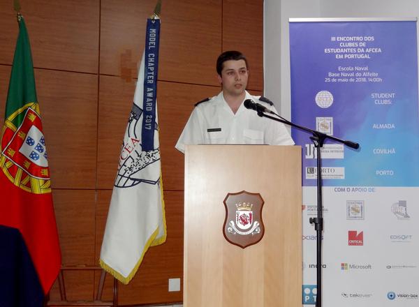 Cadet Francisco Santos Baptista, chapter president, delivers a presentation about student activities during the May meeting, which includes three AFCEA student chapters.